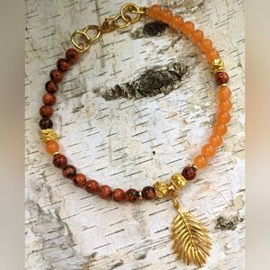 Genuine Orange Jade Paired With Orange And Brown Jade In Assymetrical Necklace